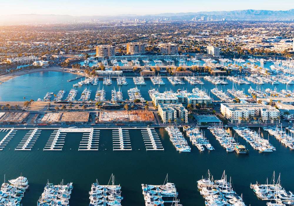 Aerial view of Marina del Rey seaside community in Los Angeles, California. 