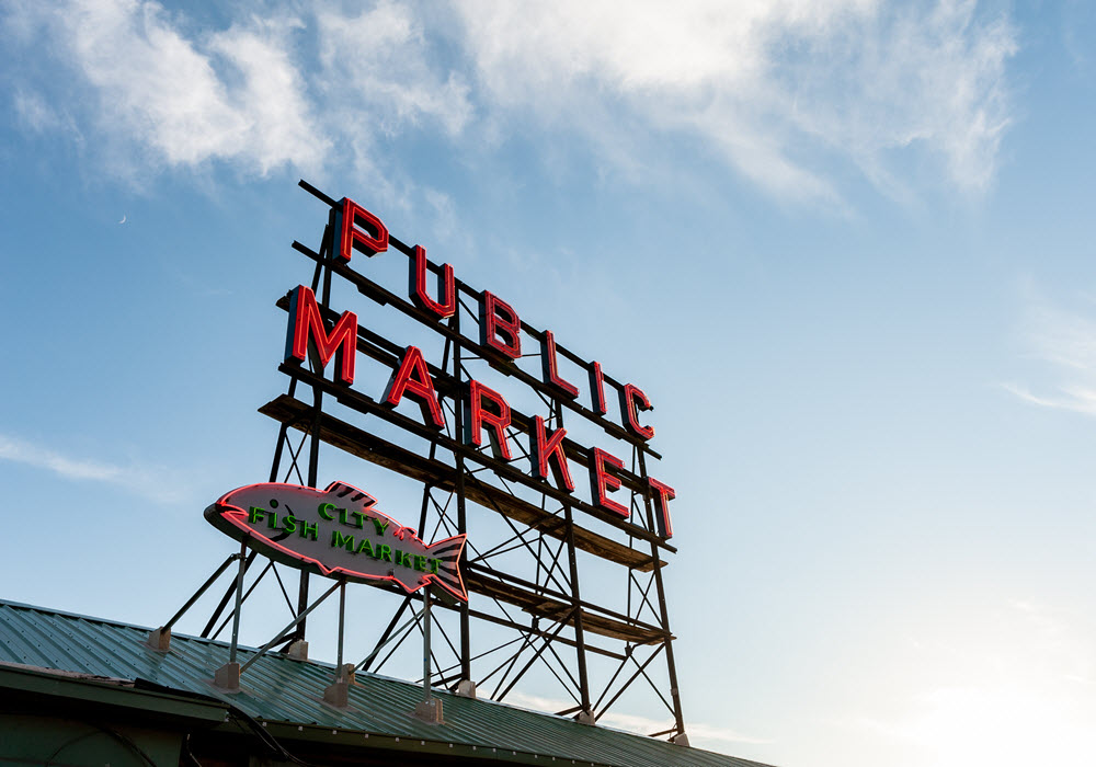 Seattle, Washington Pike Place Market neon sign during daytime.