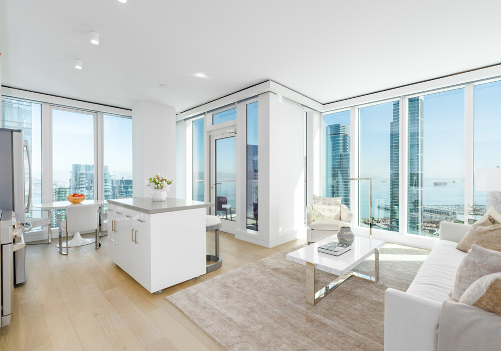 Staged living room of a penthouse apartment at 500 Folsom.