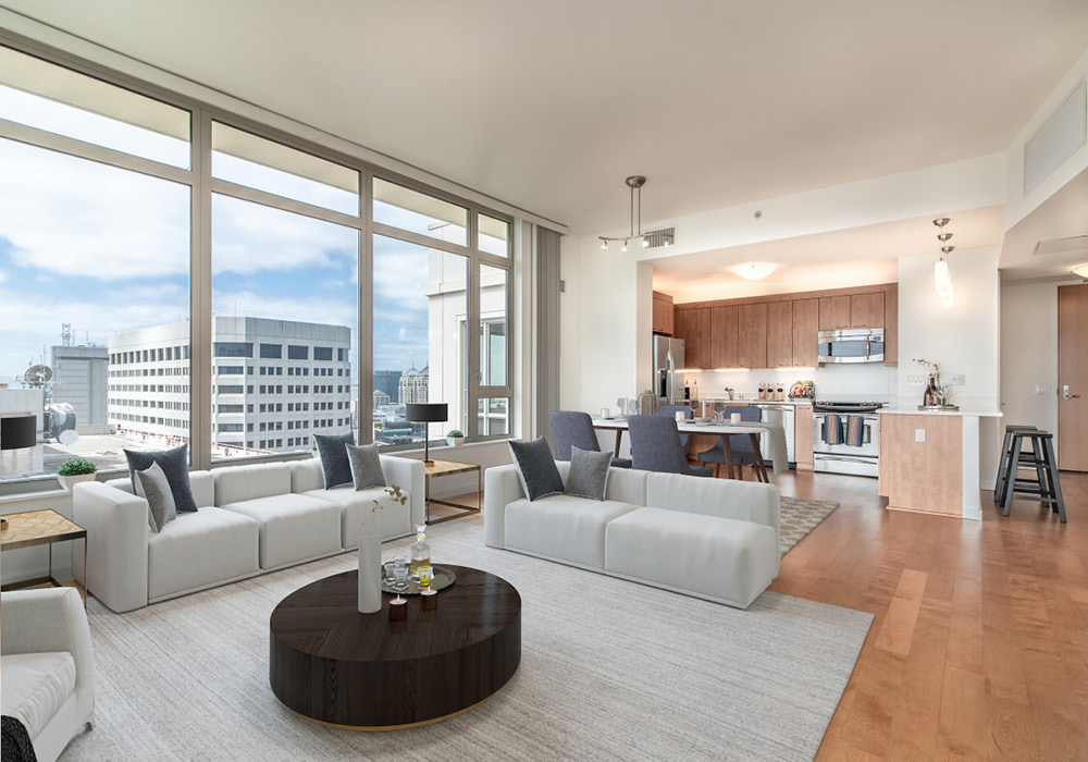 Staged living room of a penthouse apartment at The Grand.