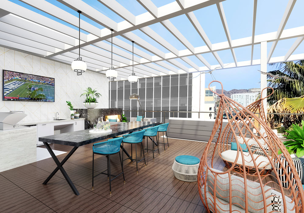 Rooftop lounge with lounge seating and TV.