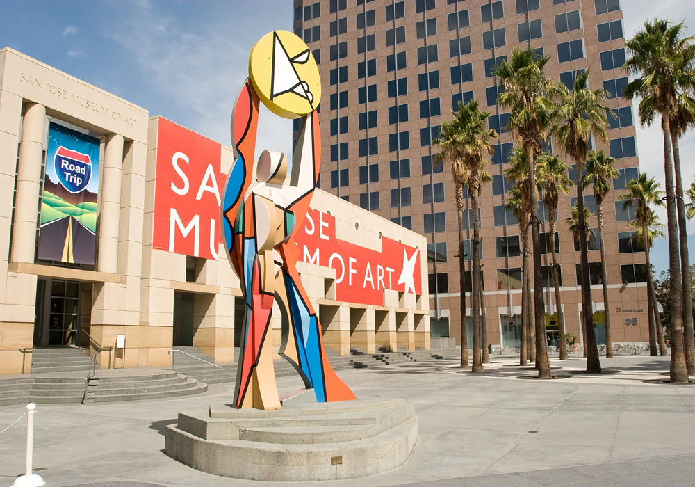 San Jose Museum of Art entrance featuring abstract sculpture.