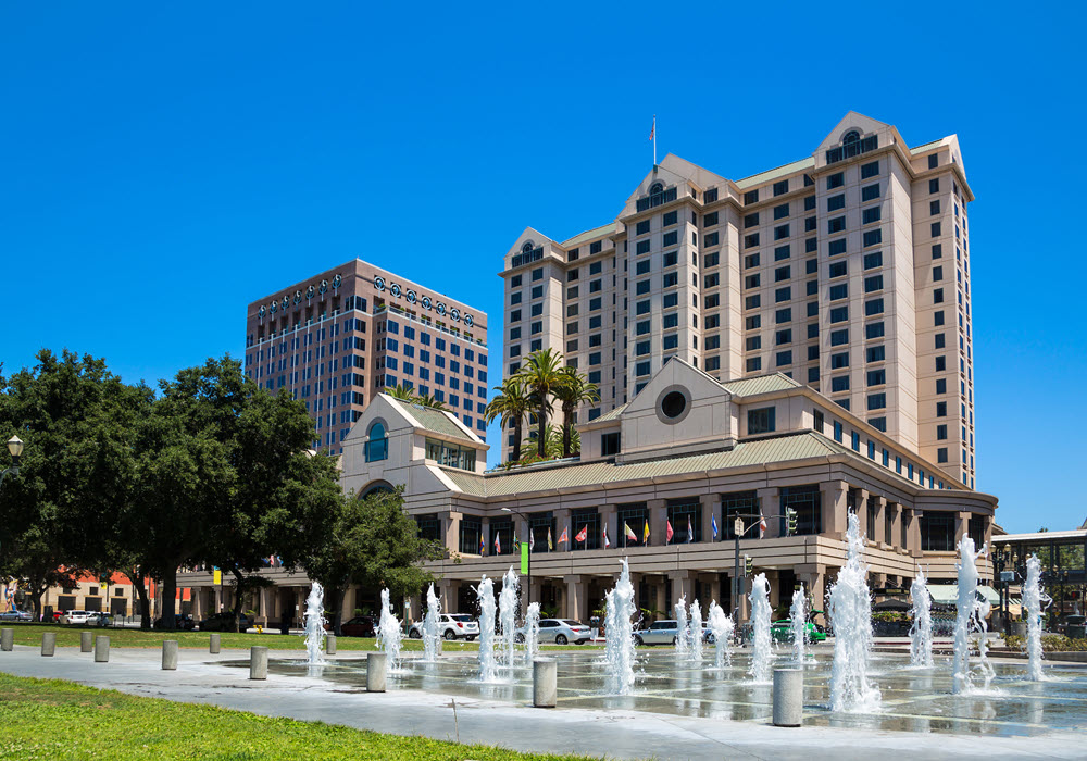 Building in Downtown San Jose featuring water fountain.