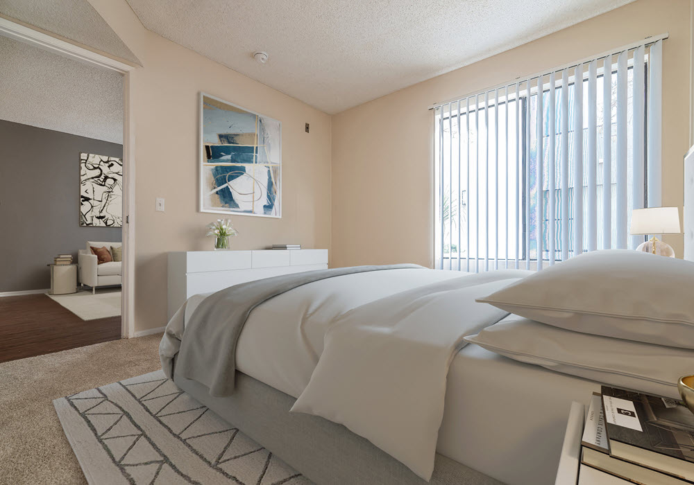 Staged one bedroom at Windsor Court Apartments in Koreatown.