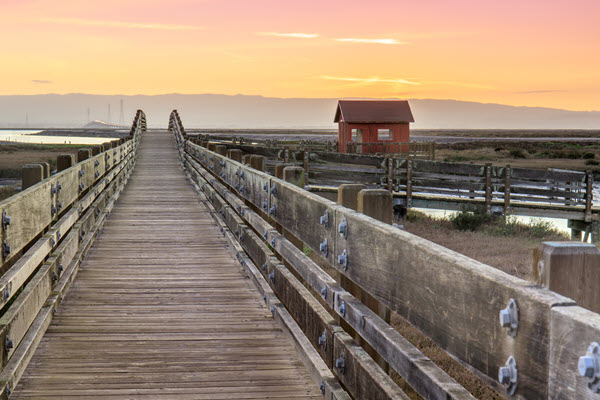 Wooden walking bridge at sunset.