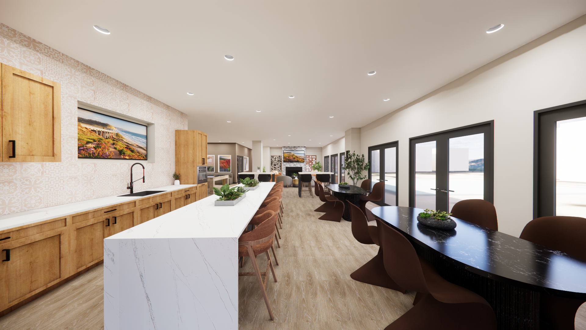 Carmel Creek club room kitchen sink, seating, storage shelves, and spaces to eat and entertain