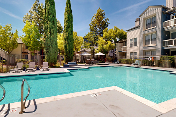 Outdoor swimming pool area with sundeck and lounge seating.