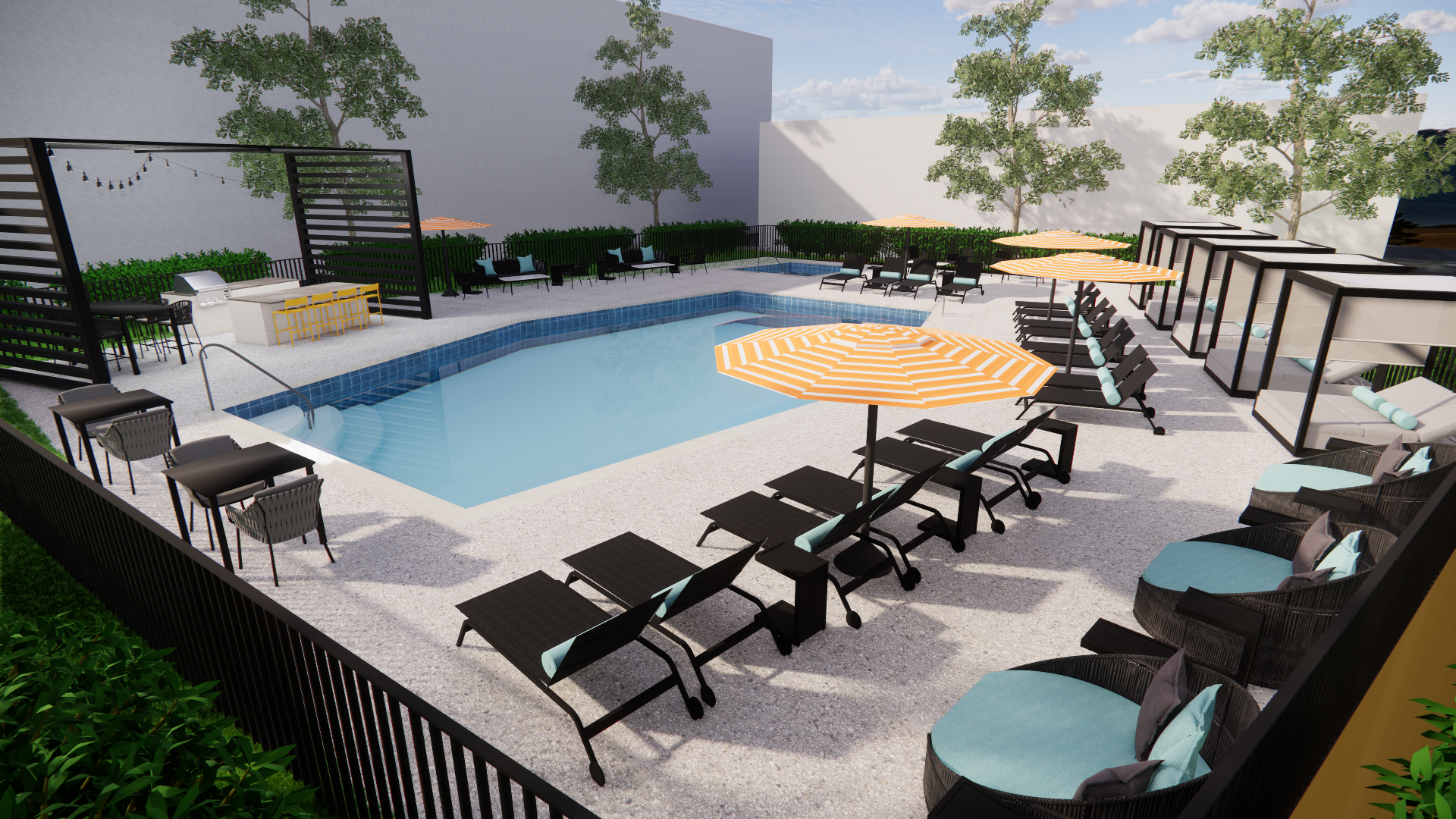 Lafayette Highlands pool and barbecue area with new seating to enjoy a hot summer day