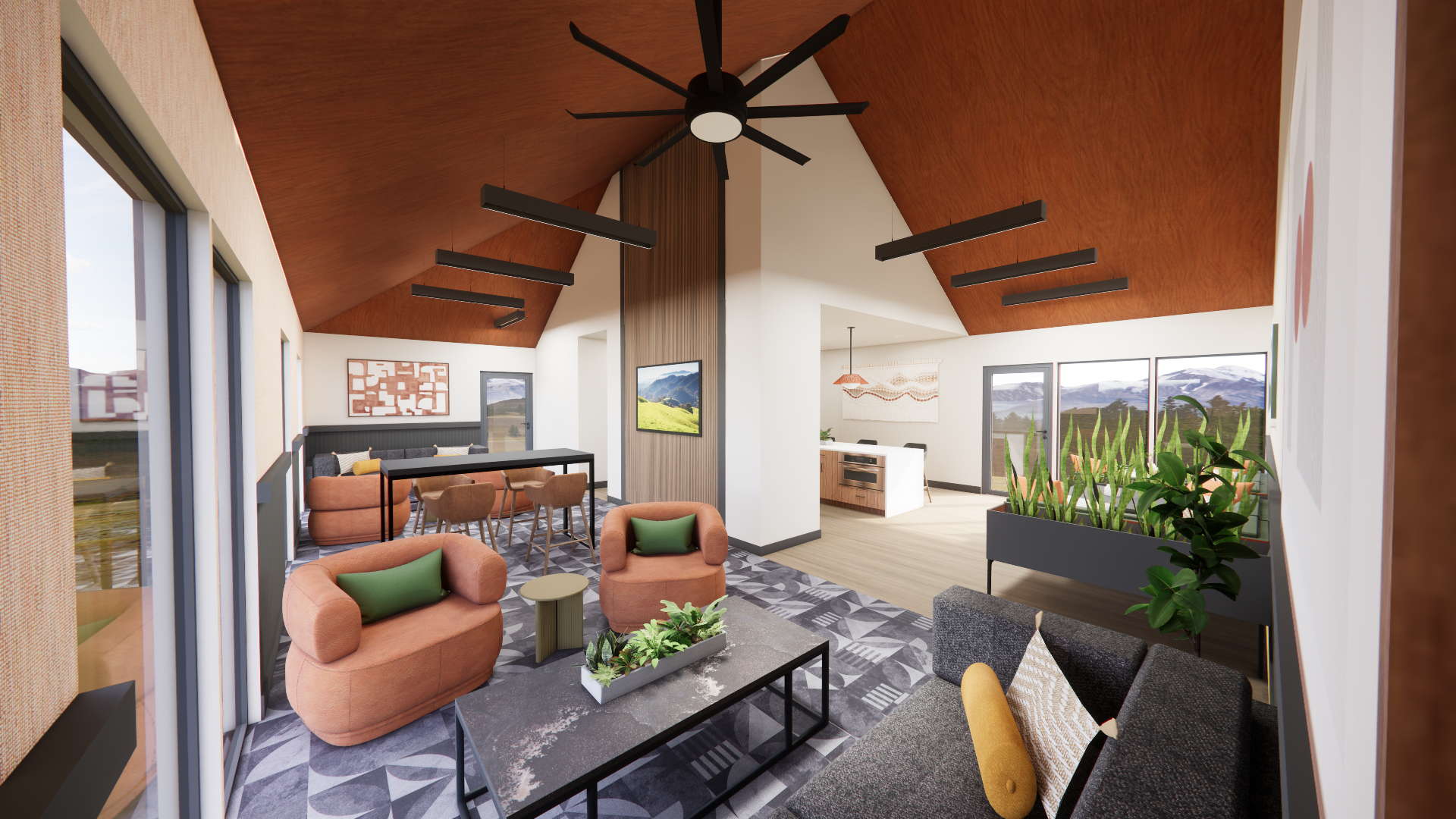 Lafayette Highlands club room seating area with comfortable chairs and a spacious dining area