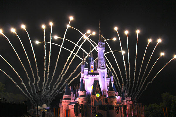 Fireworks in front of Disneyland's Sleeping Beauty Castle at night.