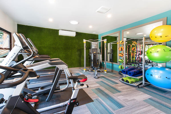 Fitness center with cardio and strength training equipment.