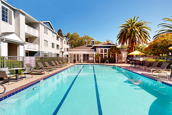 Outdoor spa and swimming pool area with sundeck and lounge seating.